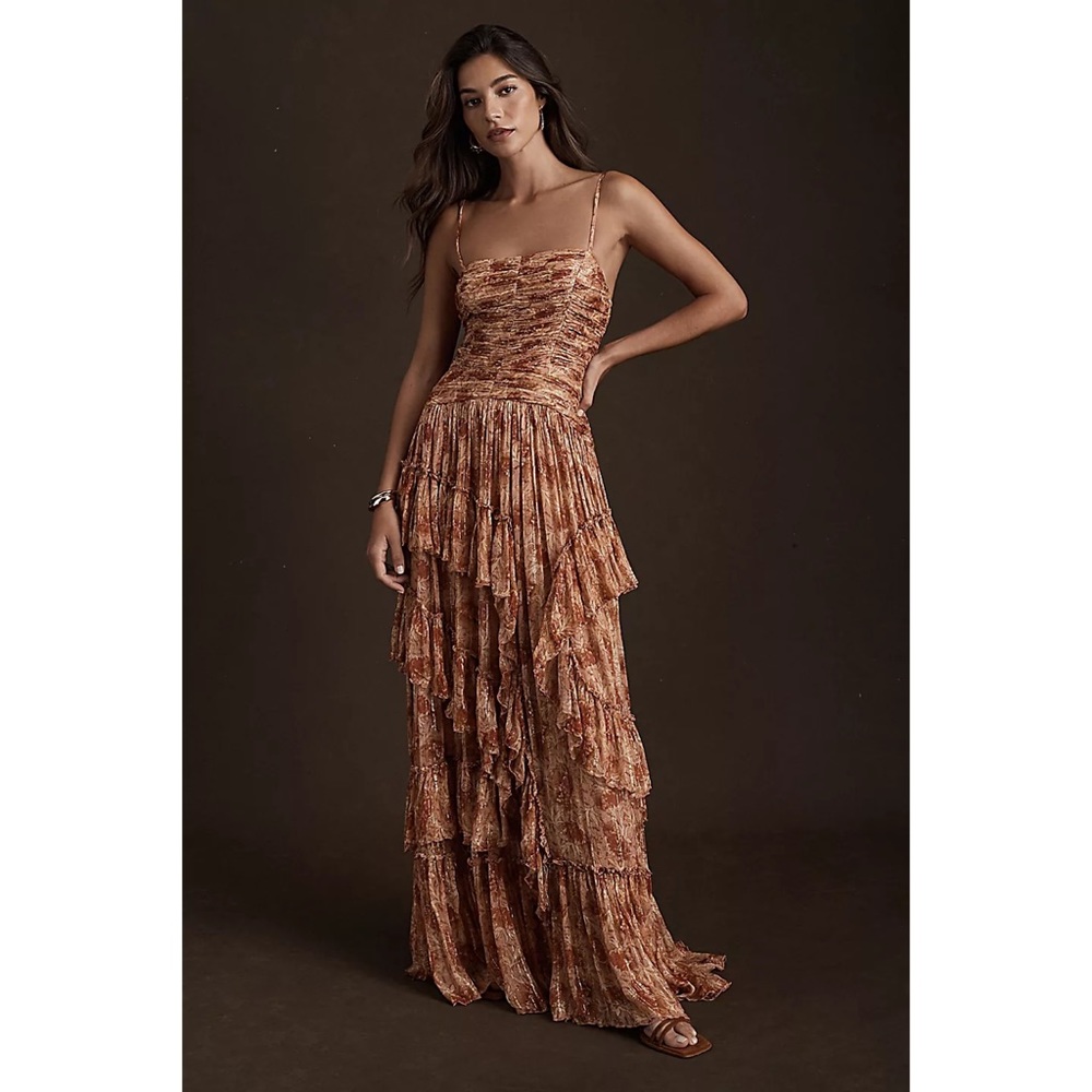 BHLDN Rust and Burnt Orange Tiered Ruffle Maxi Dress